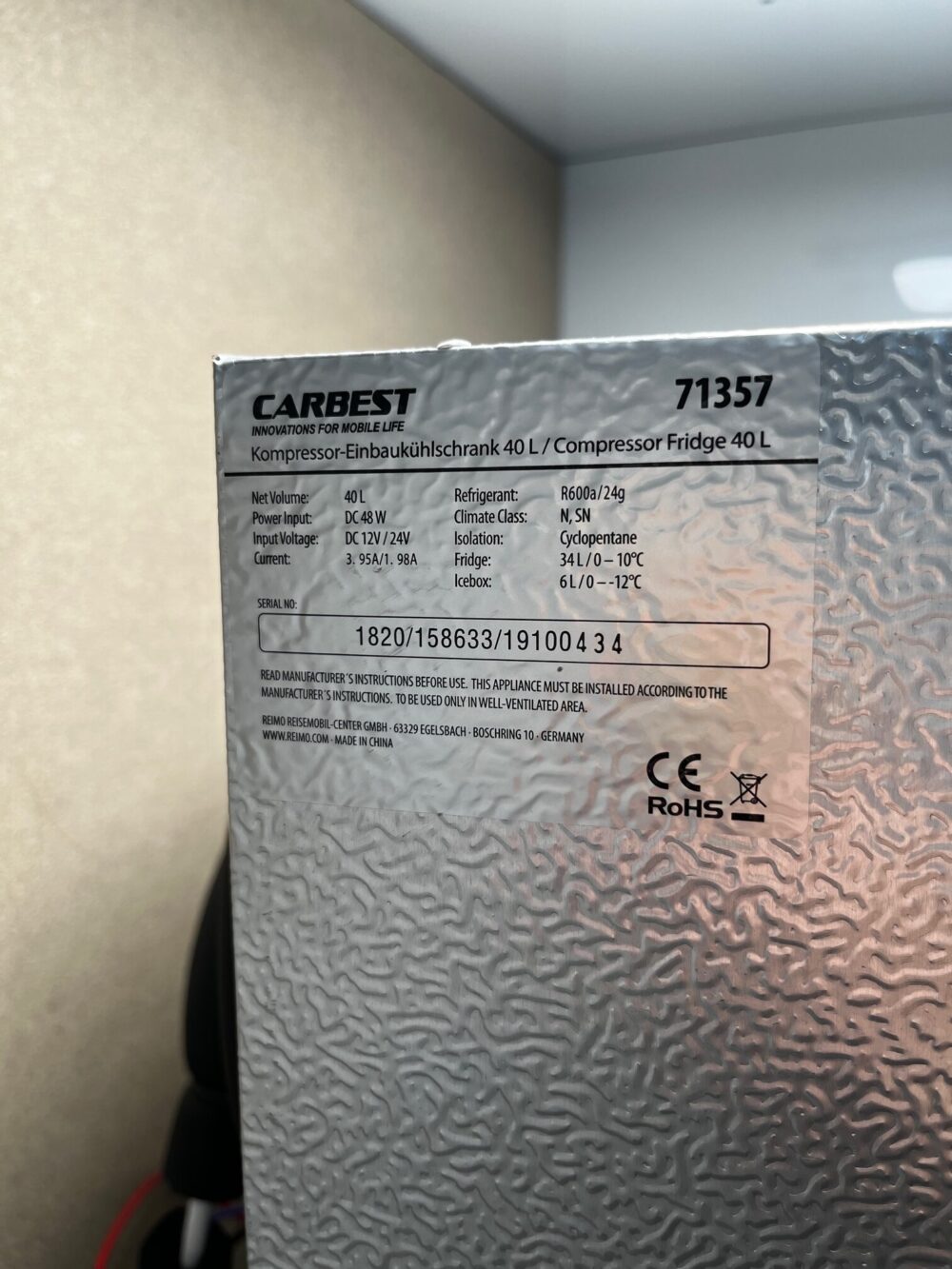 Carbest Kompressor Einbaukühlschrank 40L 71357