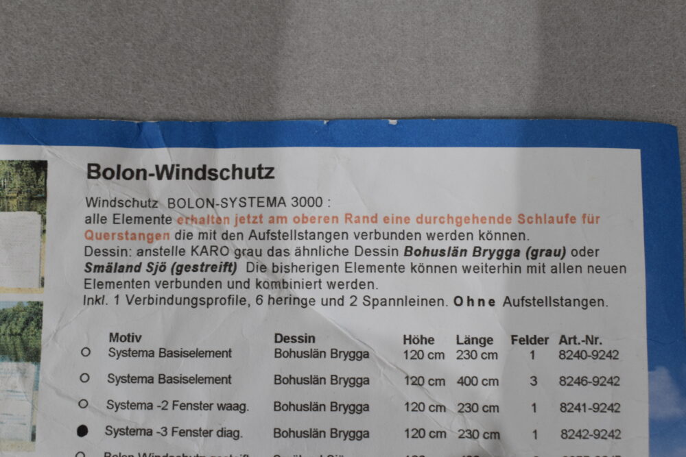 Bolon-Windschutz H= 1200 x L= 2300mm